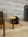 Petite table en verre ronde, 3 pieds en cuir marron-7.webp