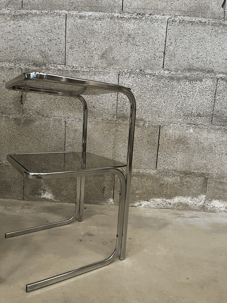 Bout de canapé en chrome et verre vintage, années 70-1.webp