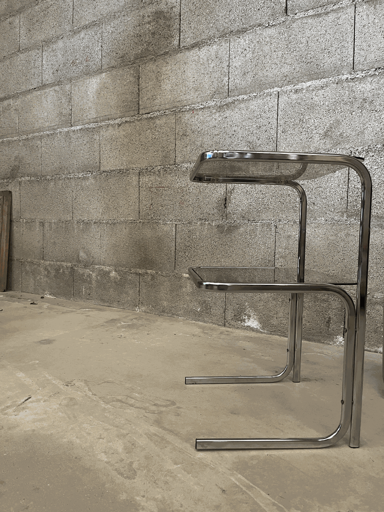 Bout de canapé en chrome et verre vintage, années 70-5.webp