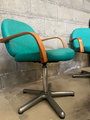 Fauteuil Skaï vert, bois, inox